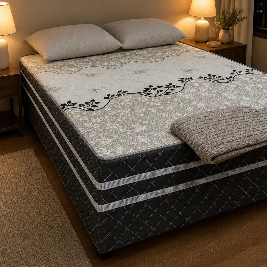 Cama box casal conjugada num quarto à noite